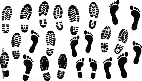 Collection of diverse footprints a black and white illustration of shoe and barefoot impressions