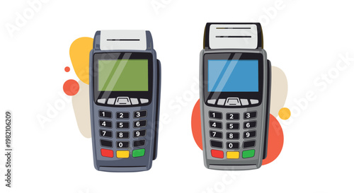 Pair of modern electronic credit card payment terminals with screens and keypads used for retail transactions and secure financial processing.