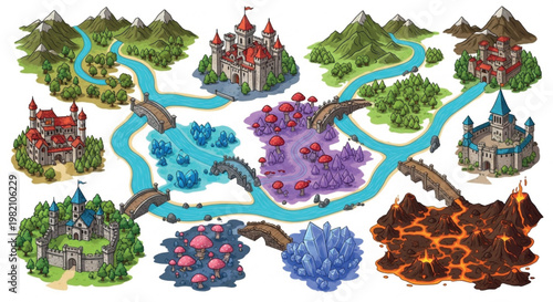 Fantasy game map elements, medieval kingdom world building assets, isometric castle and landscape vector set for RPG level design isolated PNG with Transparent Background