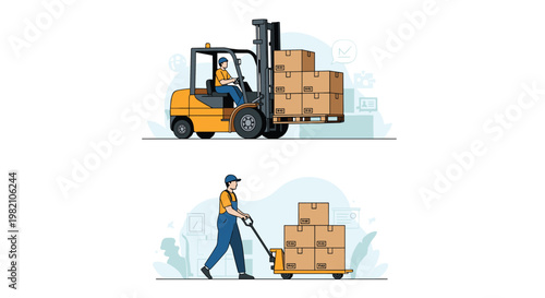 Comparison of industrial material handling equipment featuring a forklift and a manual pallet truck moving boxes.