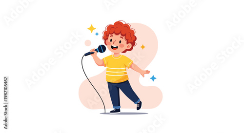 Talented young boy with curly hair performs with passion while singing into a microphone surrounded by sparkles of musical inspiration.