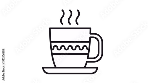Minimalist black outline vector icon of a steaming hot cup of coffee or tea with a decorative wavy pattern sitting on a saucer, isolated graphic illustration for cafe, breakfast, or break time.