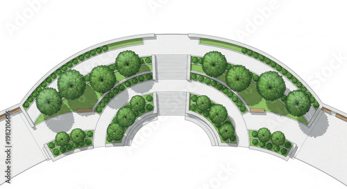 Landscape architecture site plan, curved garden design with green trees and shrubs, top view park layout for urban planning and backyard landscaping isolated PNG with Transparent Background