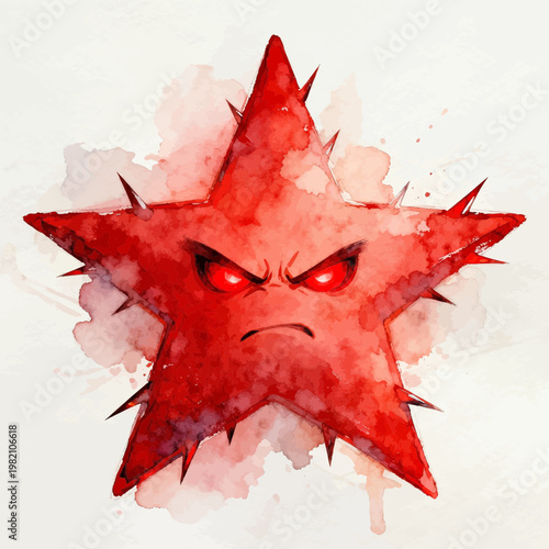 Angry red star character watercolor illustration with thorns for emotional expression and stress concept isolated on white background
