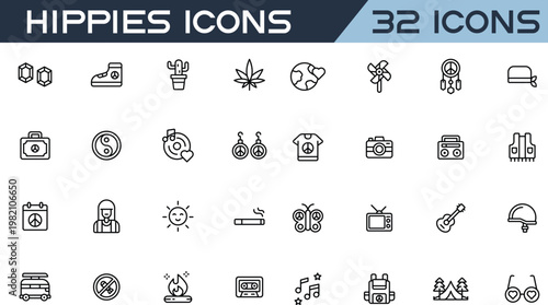 Hippie Culture Line Art Icons Set