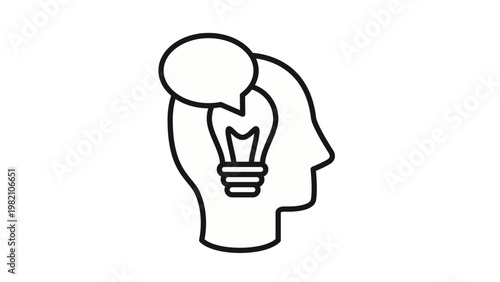 Minimalist black line vector icon illustration of a human head profile with a light bulb and speech bubble, representing creative thinking, brainstorming, innovation, and communication of ideas.