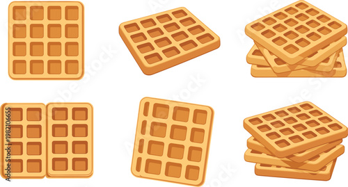 Waffle set collection, crispy breakfast dessert food, sweet bakery vector illustration isolated design