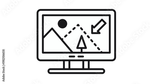 Black vector icon of a computer monitor displaying a landscape image with a download arrow, representing digital media download, wallpaper selection, or online gallery access. Minimalist design.
