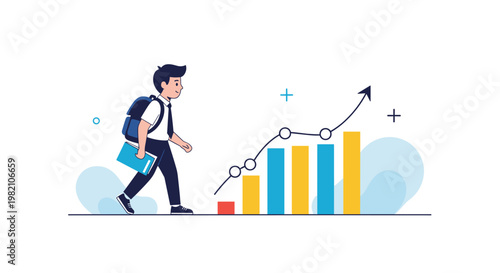 Young student with a backpack and notebook walks alongside a rising bar chart representing academic progress or personal growth.