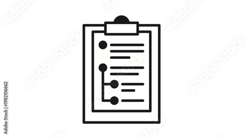Black minimalist vector icon illustration of a clipboard with a hierarchical task list and checklist, symbolizing project management, workflow organization, and data structure planning.