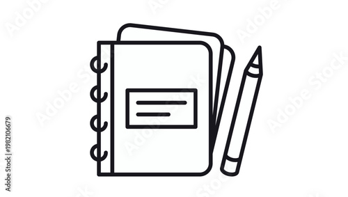 Minimalist black line art vector icon illustration of a spiral notebook and pencil, symbolizing writing, education, journaling, office supplies, and creative note-taking on a white background.