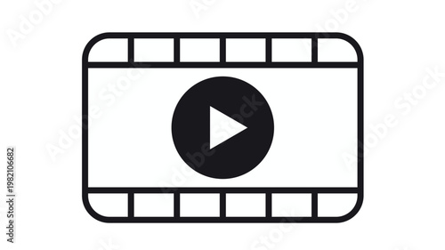 Minimalist black and white vector icon of a film strip frame with a play button symbol in the center, perfect for cinema, movie production, video streaming, multimedia playback, and media apps.