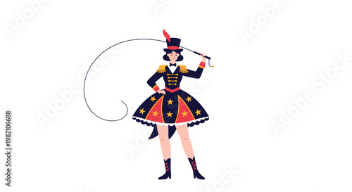 Female circus ringmaster in a decorative uniform with a top hat holds a long whip while posing on a white background.