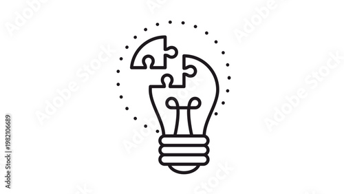 Minimalist black line art vector illustration of a lightbulb puzzle icon representing creativity, innovation, problem solving, and idea generation with a missing piece fitting into place.