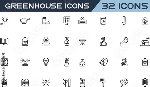 Greenhouse and Gardening Line Icons Set