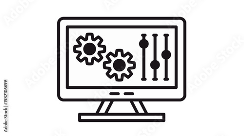 Computer monitor display with gears and slider controls vector icon, representing system settings, software configuration, technical management, optimization, and control panel interface.