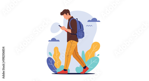 Young man with a blue backpack walks through a stylized park landscape while distracted by his smartphone in his hands.