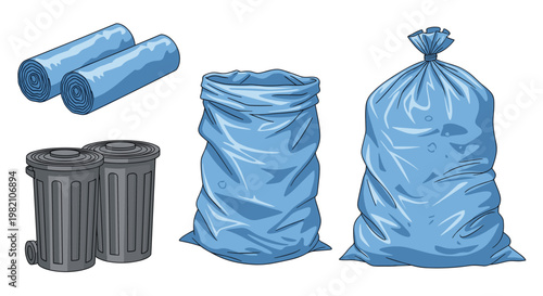 Set of waste management items including gray trash bins, blue garbage bags, and rolls of plastic trash liners on a white background.
