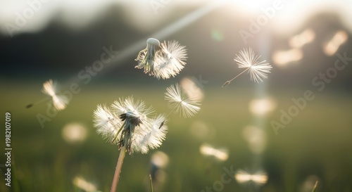 Dandelion seeds scattering in golden hour light.