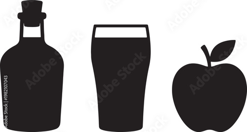 Isolated black silhouette vector illustration of a wine bottle and glass alongside a water bottle and glass container symbol for alcohol or beverage liquid objects