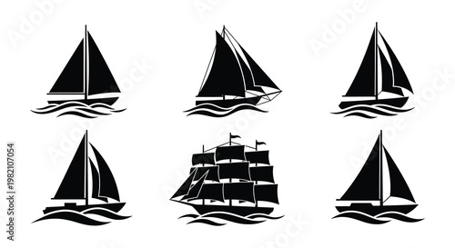 Collection of black silhouettes depicting various sailing ships and boats
