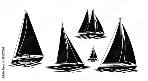 Collection of black silhouettes depicting various sailing ships and boats