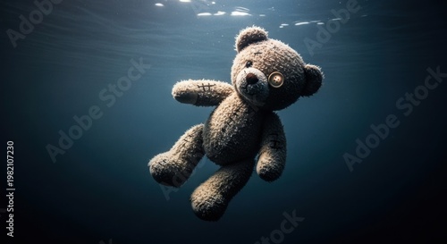 An old, worn teddy bear floats silently in the mysterious deep water.