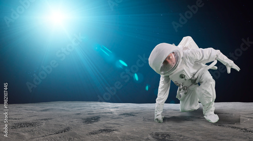 Wallpaper Mural Astronaut in white space suit crawling on moon surface with bright star light and dark space background Torontodigital.ca