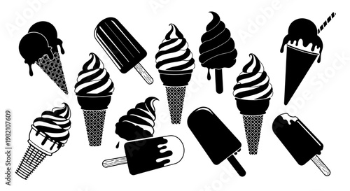 Black Ice Cream and Popsicle Collection Vector Icons