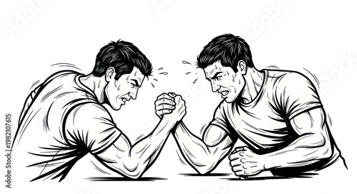 Arm Wrestling Competition Between Two Determined Men, Intense Rivalry, Strength Contest