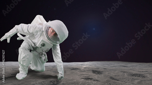 Wallpaper Mural Astronaut in white space suit crawling on moon surface with bright star light and dark space background Torontodigital.ca