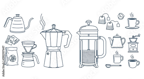 Coffee and Tea Brewing Equipment Line Art Illustration