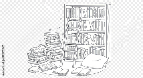 Cozy reading nook with bookshelf, ladder, and scattered books