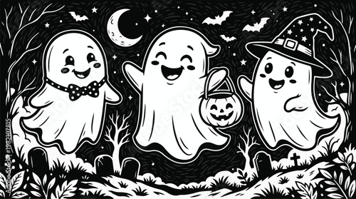 Halloween ghosts, spooky illustrations, black and white, coloring book, ghostly friends, festive vector