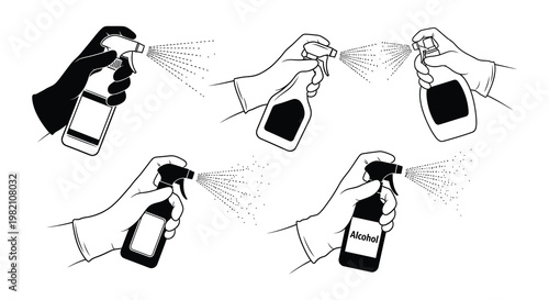Hands spraying disinfectant from bottles illustrated in black and white