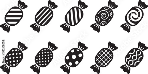 Black and white candy icons, sweet treats, dessert graphics, wrapped candies