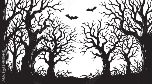 Black silhouette trees, bare branches, bats flying, spooky landscape, Halloween background, vector illustration