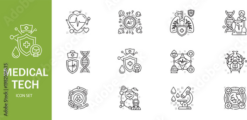 Medical Technology and Healthcare AI Innovation Line Icon Set - Digital Biotech, Genetics, and Smart Health Services