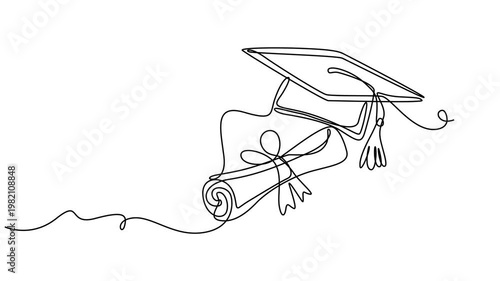 graduation hat, graduation continuous one line drawing animation, One continuous line drawing of graduation hat Concept of student of university college and school Doodle vector illustration cap