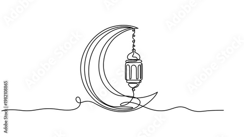 Ramadan kareem continuous one line drawing animation, Ramadan islamic arabic lanterns single line animated illustration. One continuous self drawing line animation, footage of lanterns, Animation