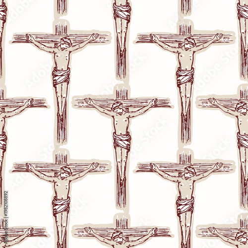 Hand drawn Jesus Christ crucifixion seamless pattern. Great for religious Easter holy week giftwrap with christian cross repeat allover design in neutral tones