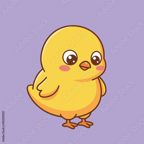 Cute yellow baby chick cartoon illustration with big eyes and rosy cheeks on a purple background.