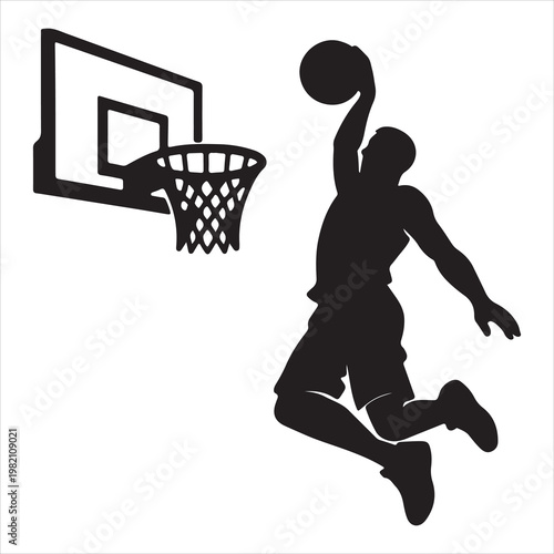 A black silhouette of a basketball player throwing a ball into a hoop