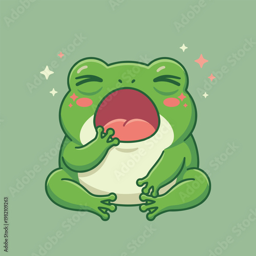 Cute cartoon green frog yawning widely with closed eyes and rosy cheeks, surrounded by sparkling stars, on a simple green background.