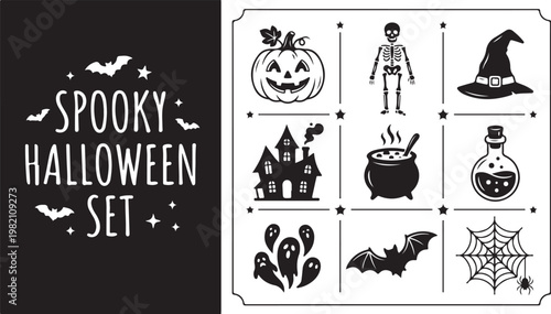 Halloween icons, spooky symbols, black and white illustrations, 9 piece vector set