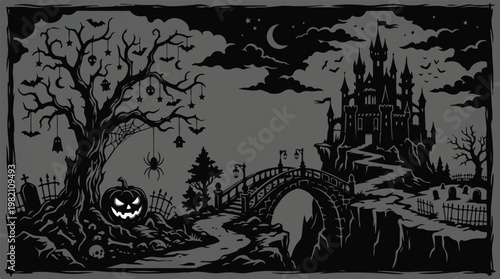 Halloween, spooky, black and white, vector illustration, haunted house, creepy landscape, night scene