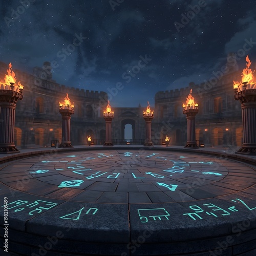 Ancient Stone Colosseum Arena for Fantasy Card Battle Game at Night