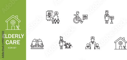 Elderly Care and Nursing Home Icon Set - Senior Healthcare, Assisted Living, and Medical Support Line Icons