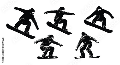 Silhouetted snowboarders performing tricks in mid air dynamic action poses