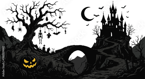 Halloween, spooky, black silhouette, haunted house, creepy landscape, vector illustration